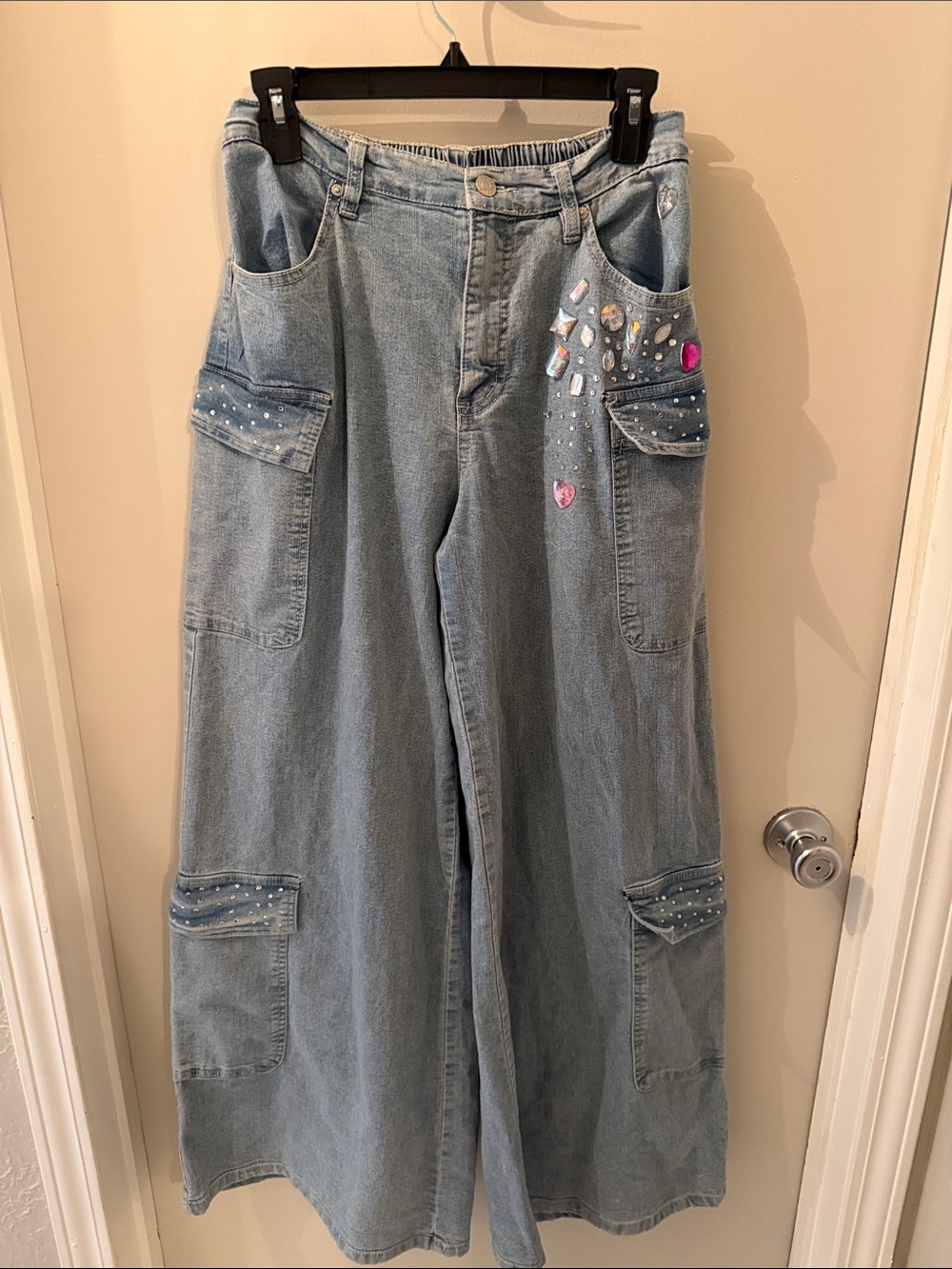 Madden Girl Light Blue Wide-Leg Cargo Jeans with Jewel Accents